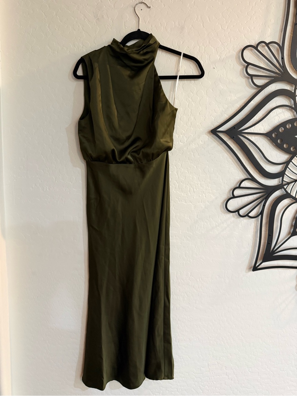 LULUS Distinctive Charm Olive Green Satin Asymmetrical Mock Neck Maxi Dress S - Picture 6 of 13